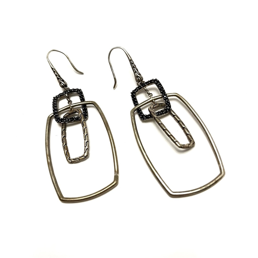 John Hardy Black Sapphire Chain Rectangular Dangle Earrings Sterling Silver